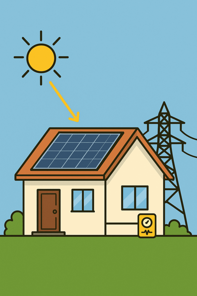 Samooskrba z elektriko. Prikaz sončne elektrarne na hiši.