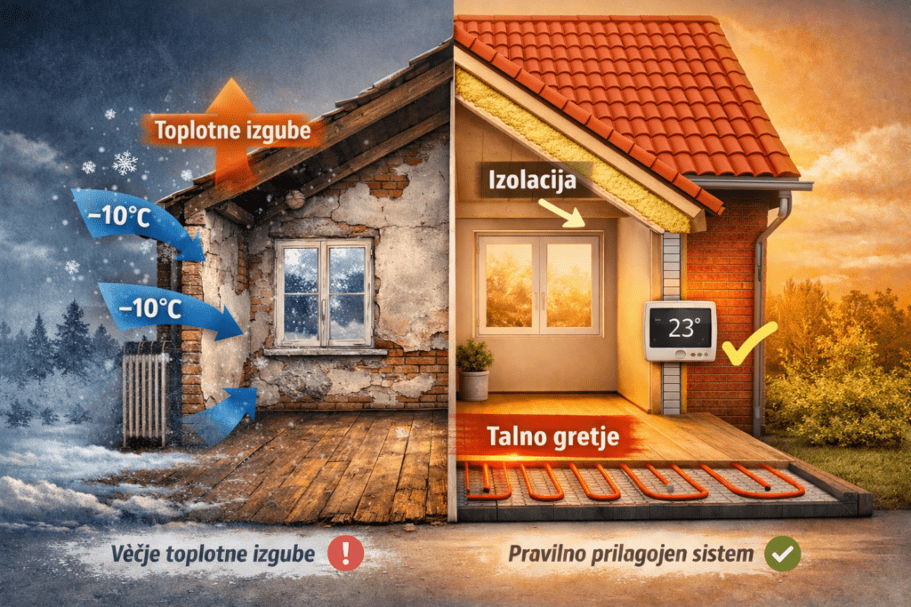 Talno gretje, primerjava z in brez talnega gretja.