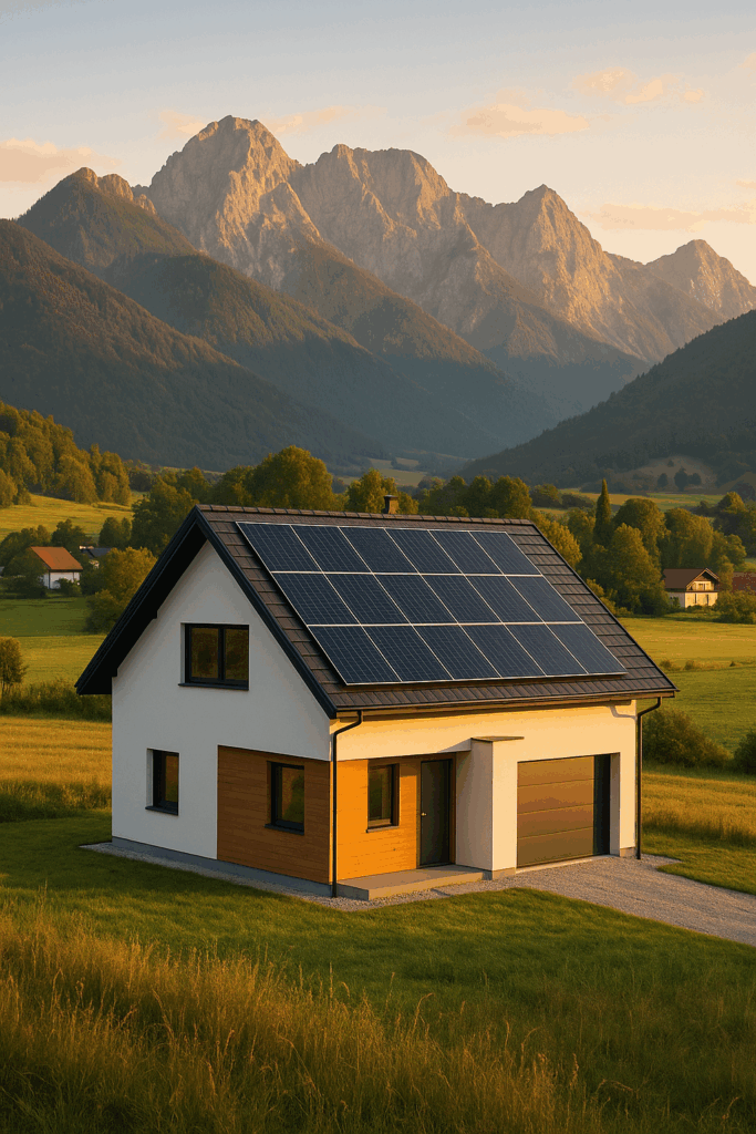 Samooskrba s sončno elektrarno. Prikaz hiše s sončnimi paneli.