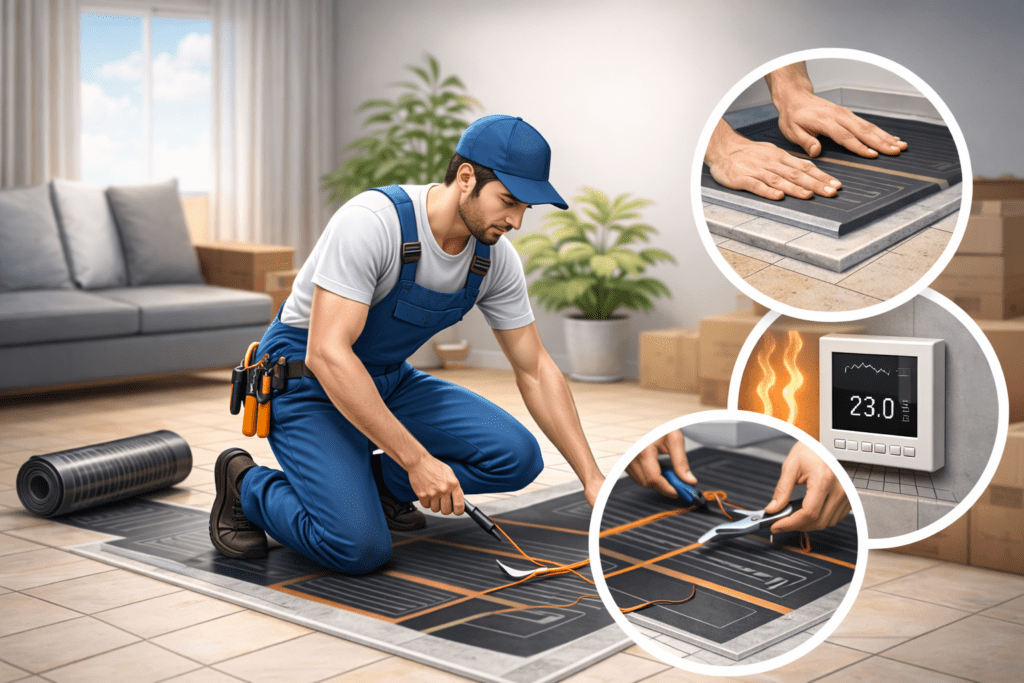 Polaganje talnega gretja.