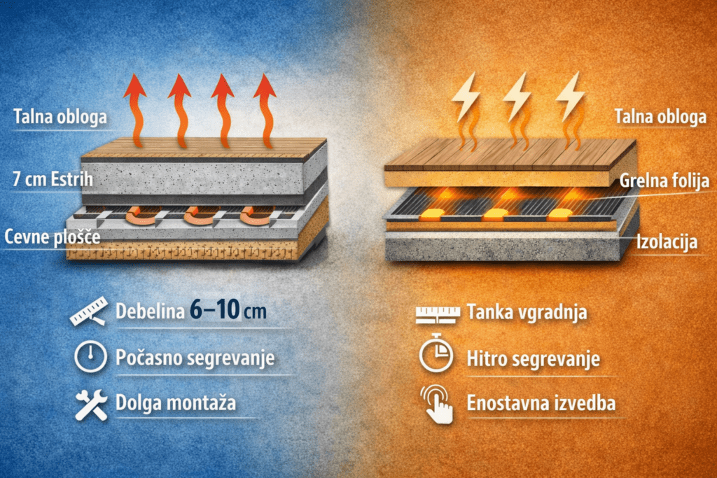 Primerjava klasičnega talnega gretja in grelnih folij.